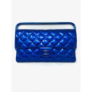 CHANEL 2014 Runway Electric Blue Patent Leather Quilted Bag Metal Handle Rectang
